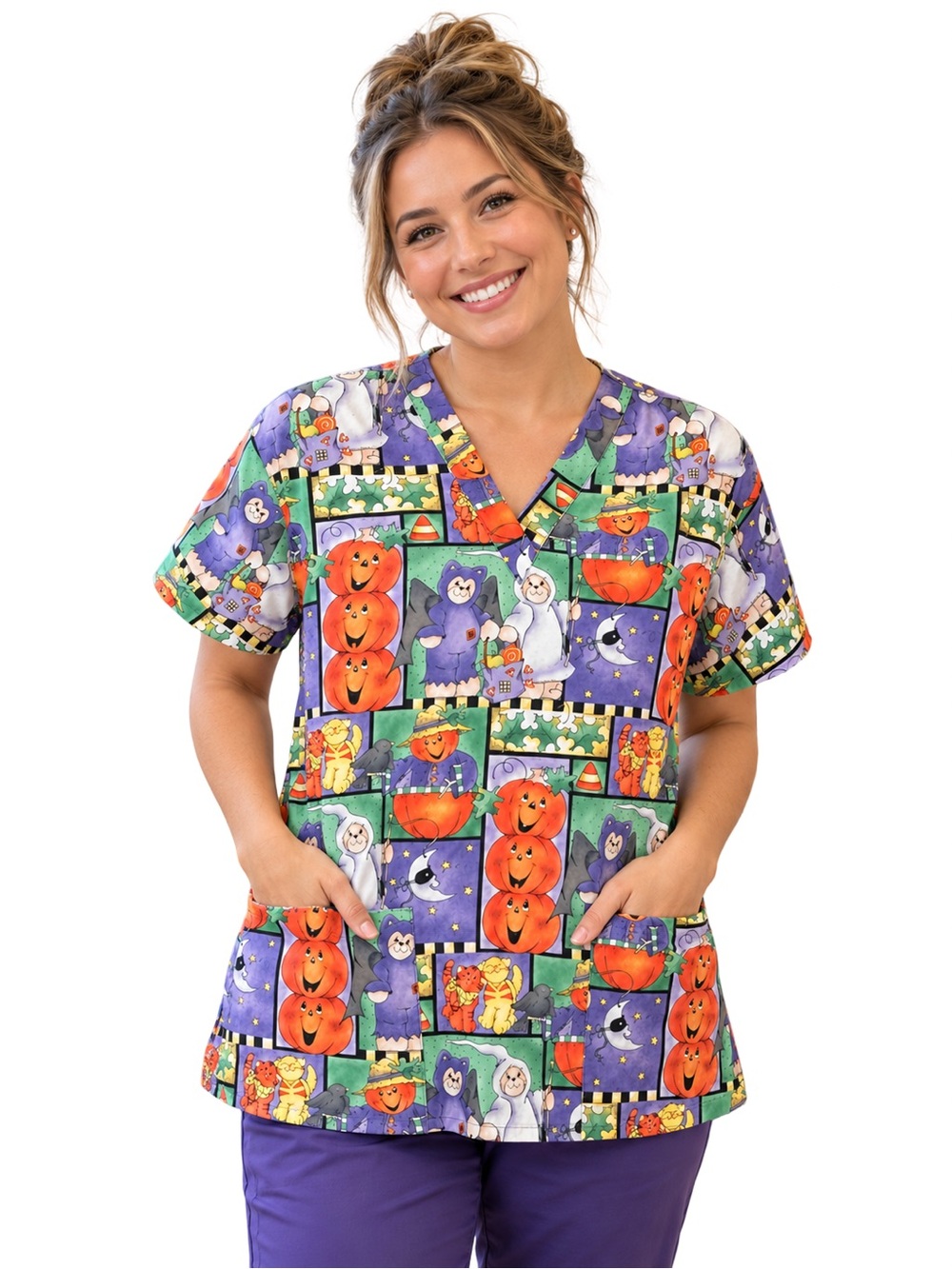 VTG 90s whimsical Halloween scrub top medium pumpkins bears cats cottagecore